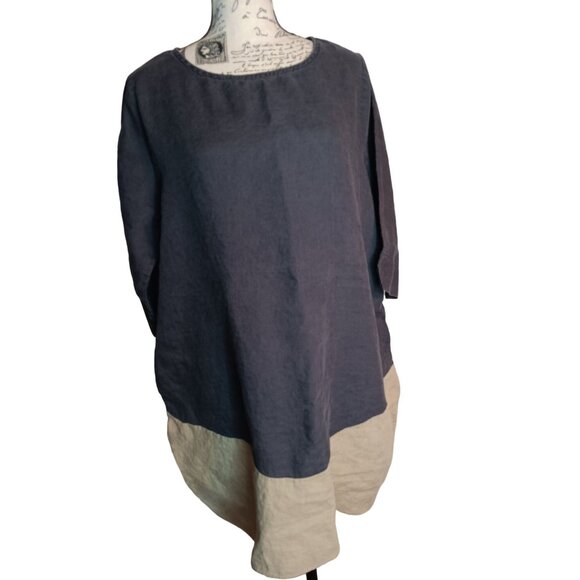 Yea L/XL 100% Linen Tunic Top, Gray Black Tan Colorblock, Lagenlook Art to Wear - Picture 1 of 6